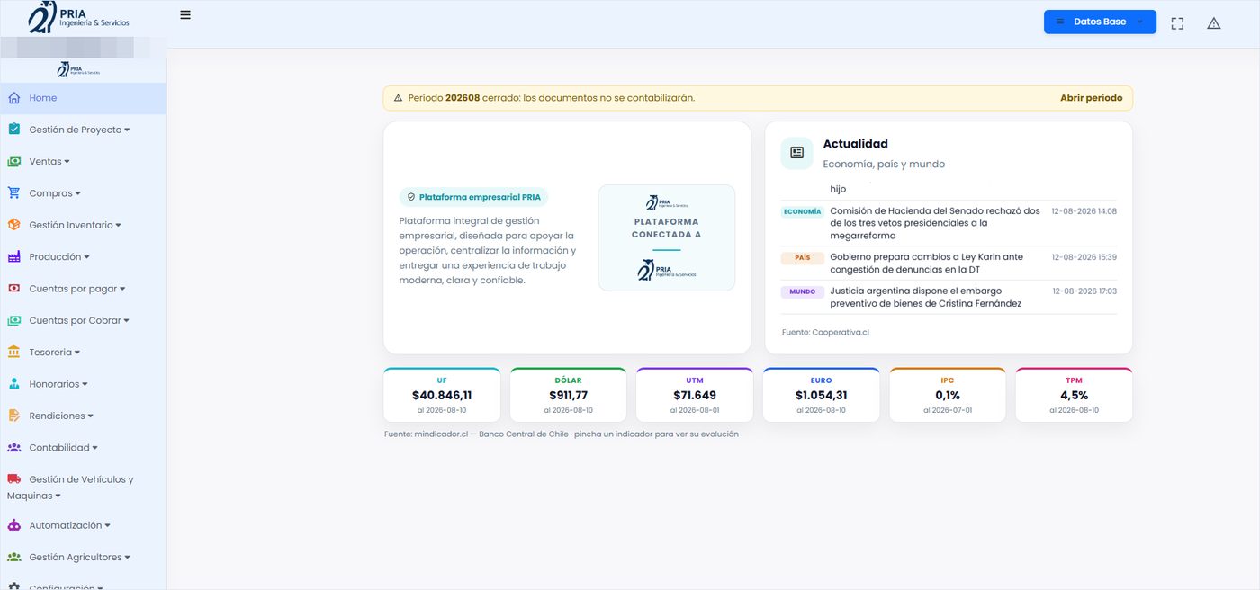 Escritorio de ERP-PRIA, uno de los sistemas desarrollados por Pria, con indicadores económicos y alertas