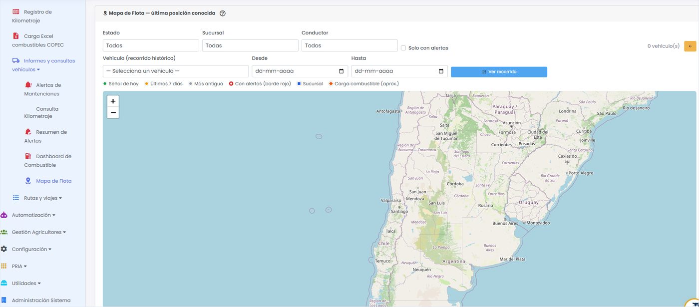 Mapa de flota con la última posición conocida de cada vehículo